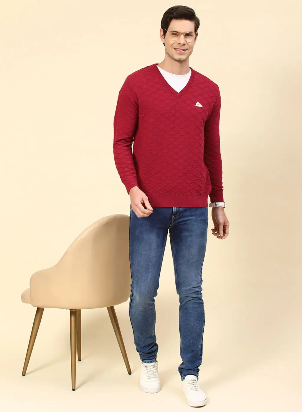 Men Red Self Design Wool blend Pullover