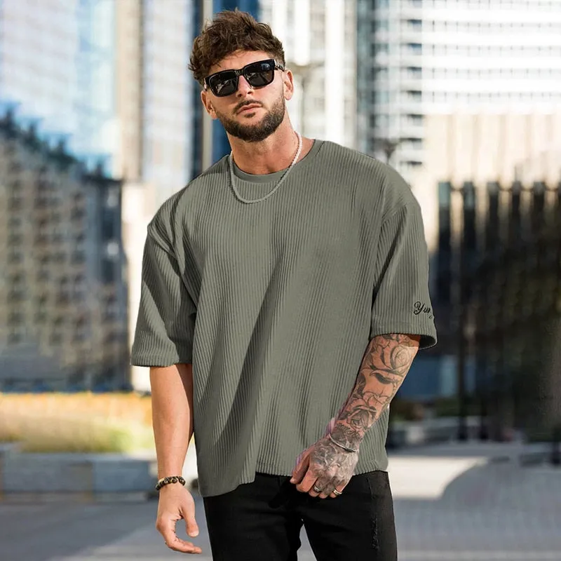 Men's Ribbed corduroy T Shirt  Loose Short Sleeve Tees