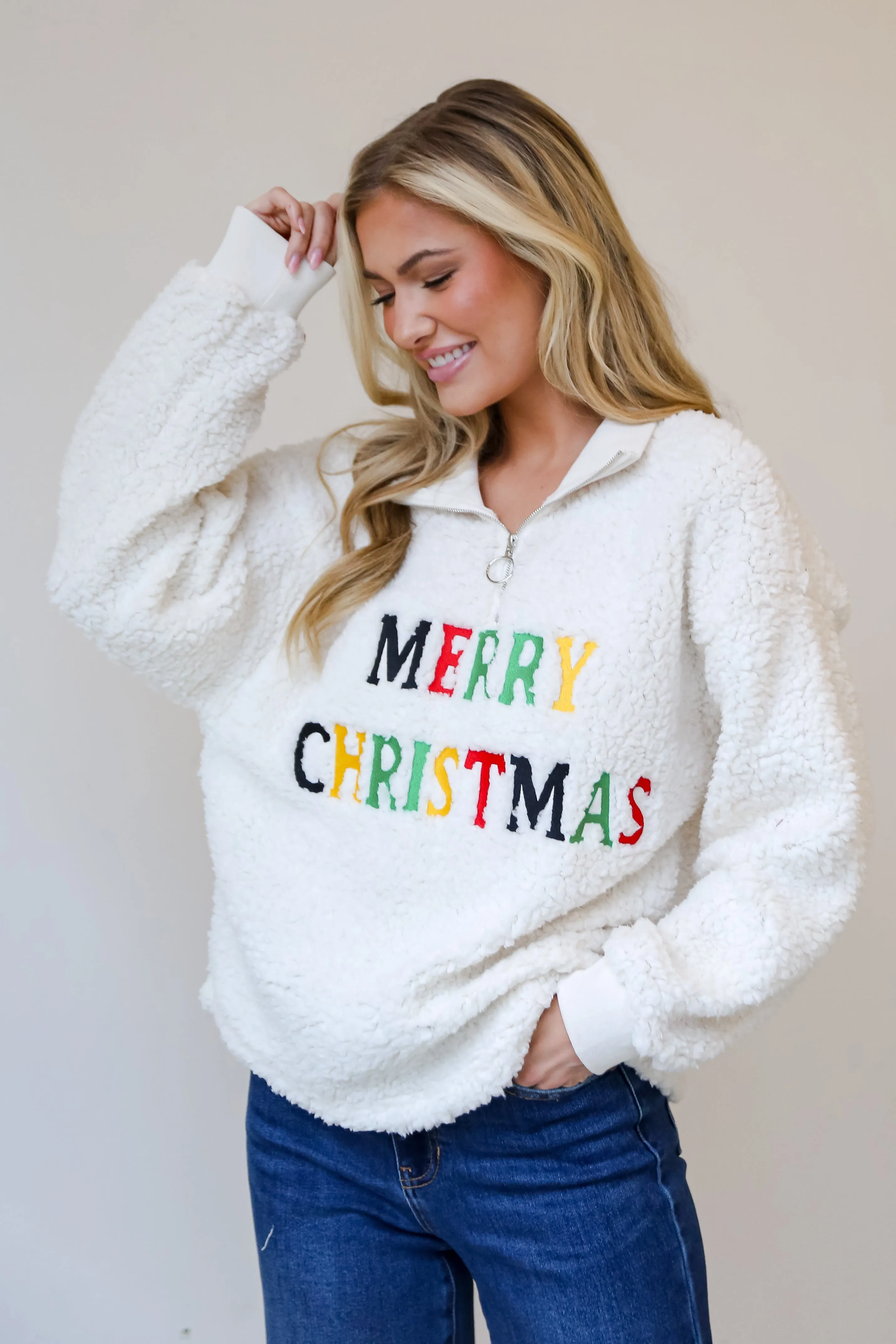 Merry Christmas Ivory Sherpa Quarter Zip Pullover