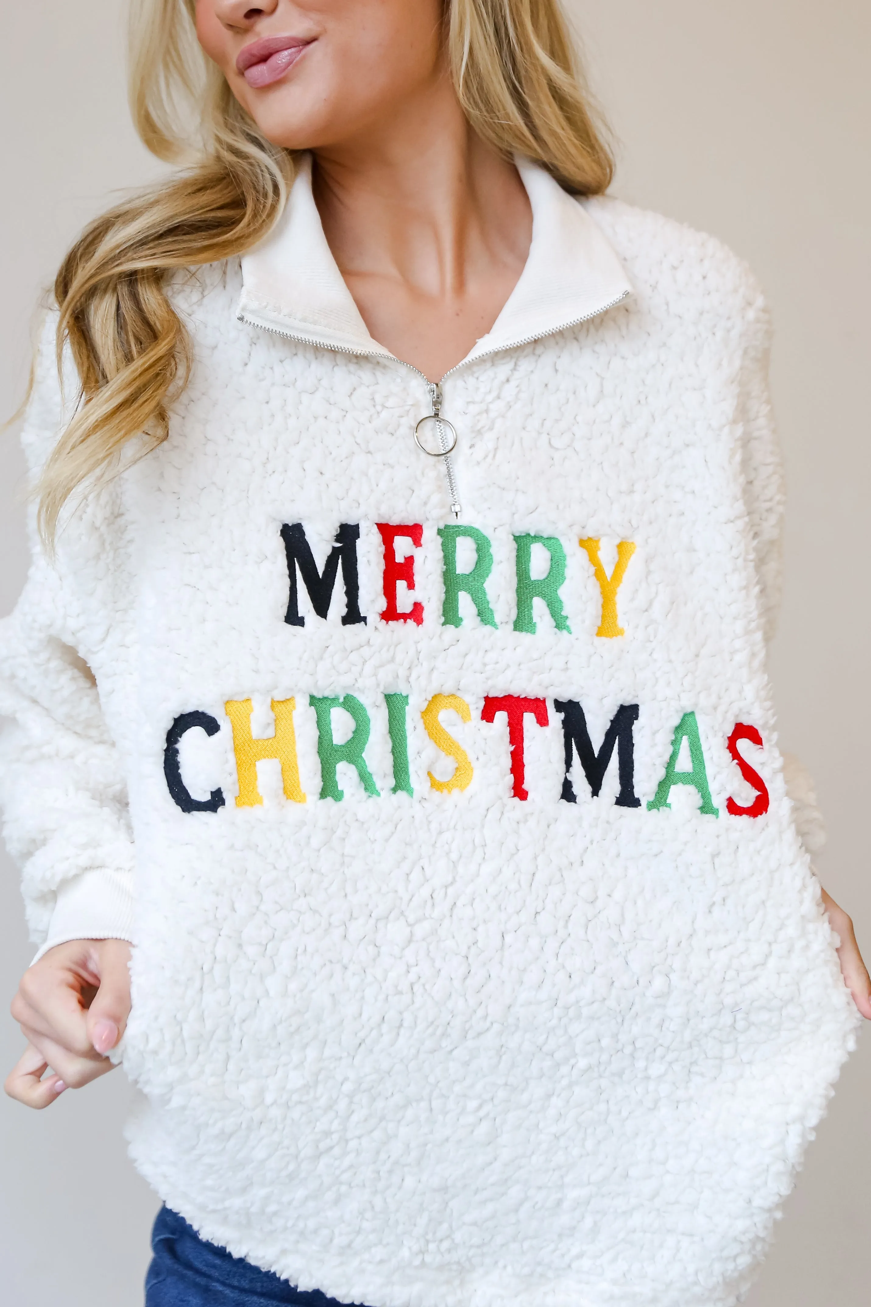 Merry Christmas Ivory Sherpa Quarter Zip Pullover