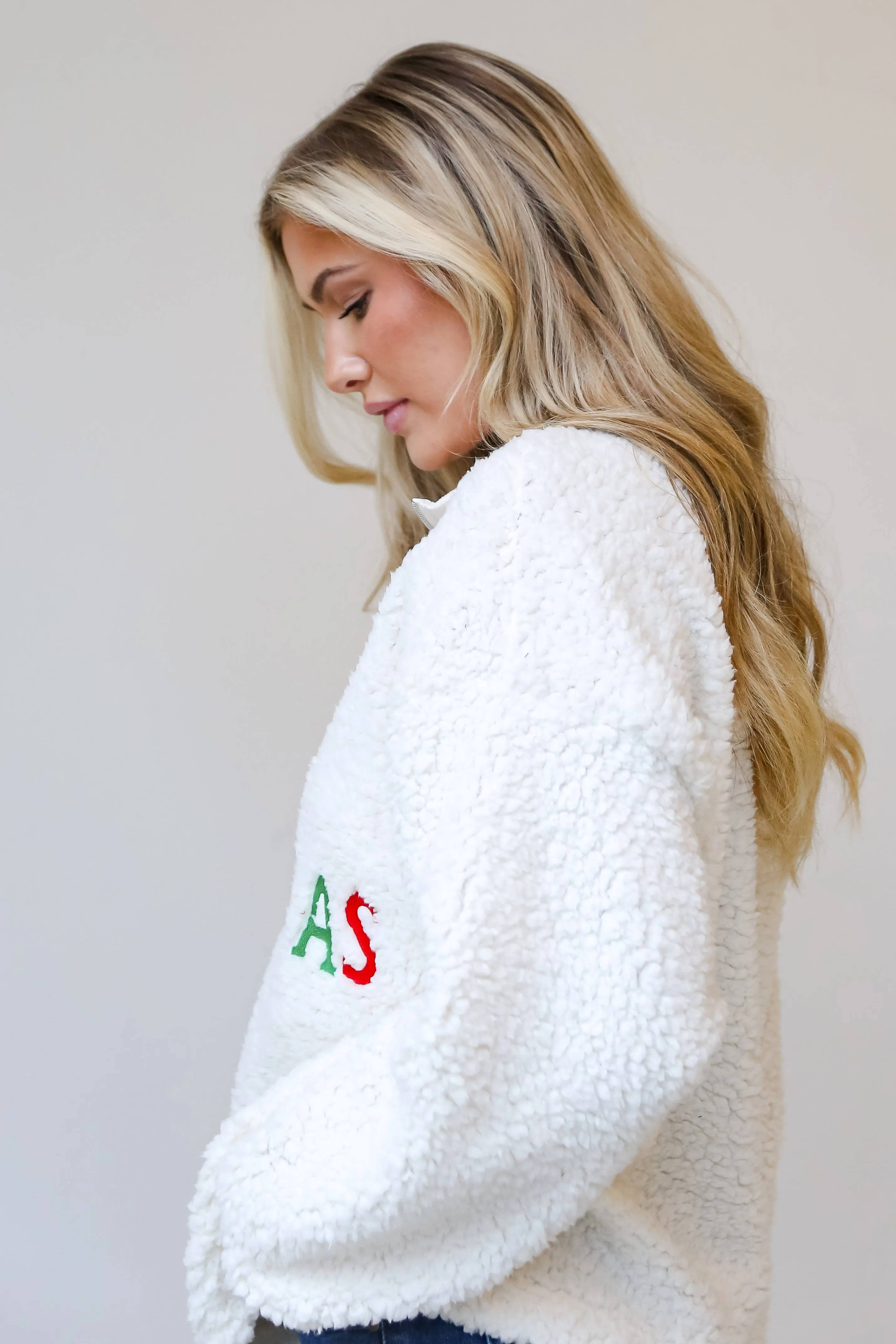 Merry Christmas Ivory Sherpa Quarter Zip Pullover