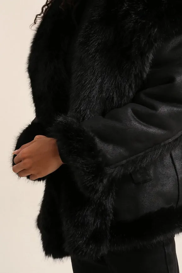 Mid-Length Leather and Synthetic Fur Coat Black