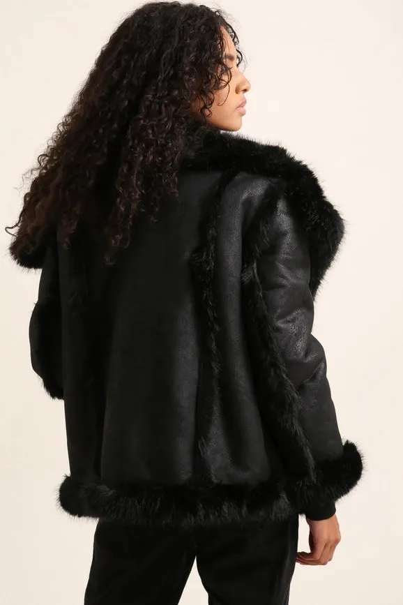 Mid-Length Leather and Synthetic Fur Coat Black