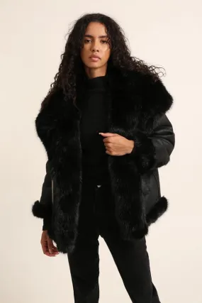 Mid-Length Leather and Synthetic Fur Coat Black