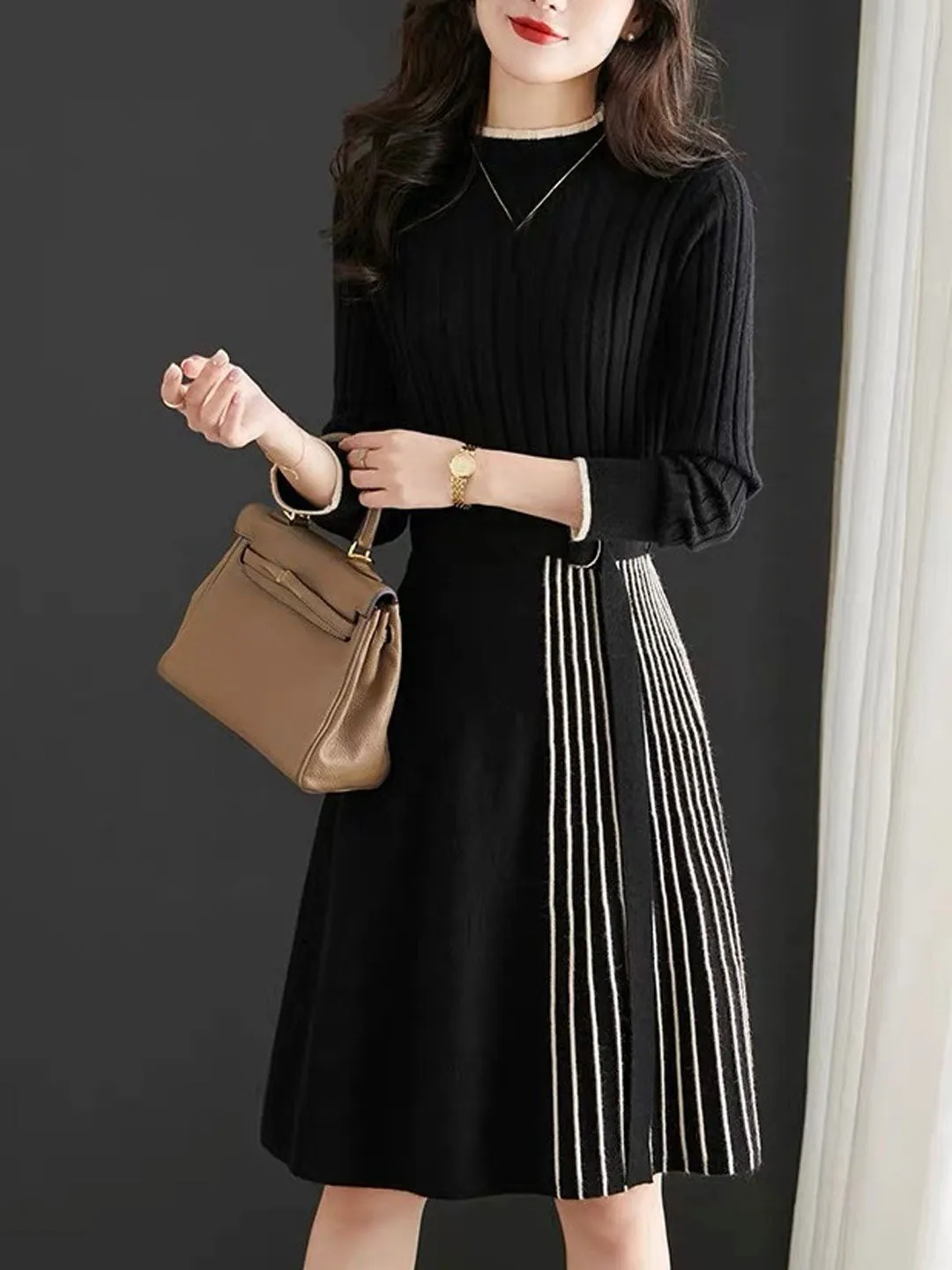 Natalie Elegant Turtleneck Knitted Pleated Dress