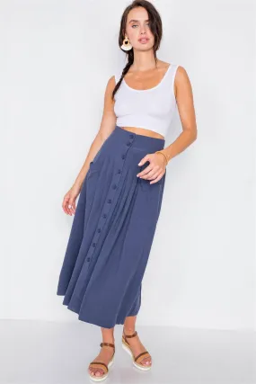 Navy High-Waisted Flare Pleated Midi Skirt /2-2-2