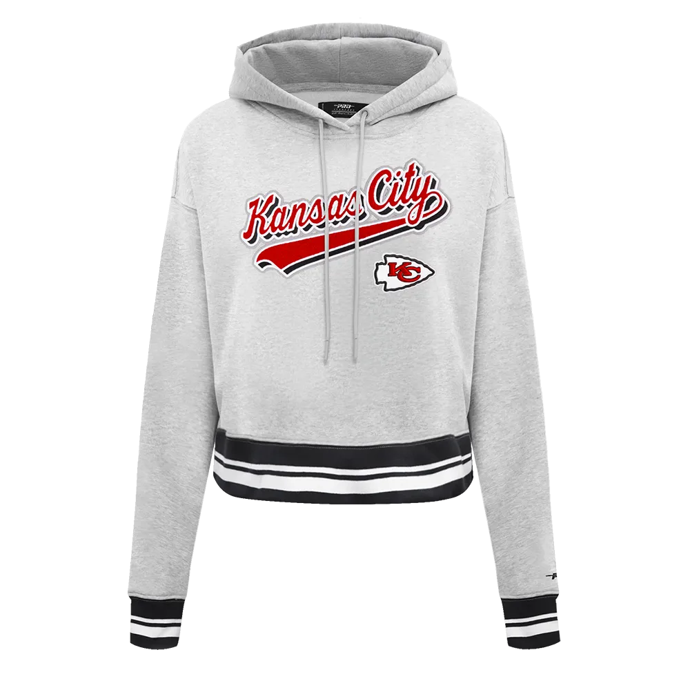 NFL KANSAS CITY CHIEFS SCRIPT TAIL WOMEN'S RIB FLC CROPPED PO HOODIE (HEATHER GRAY/BLACK)