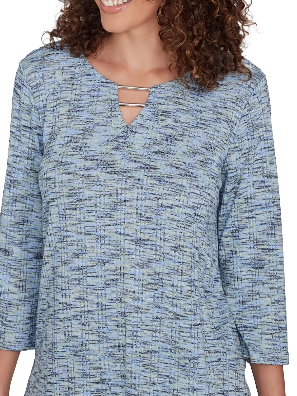 Notch Neck Asymmetrical Hem Yarn Dye Top - Blue Multi