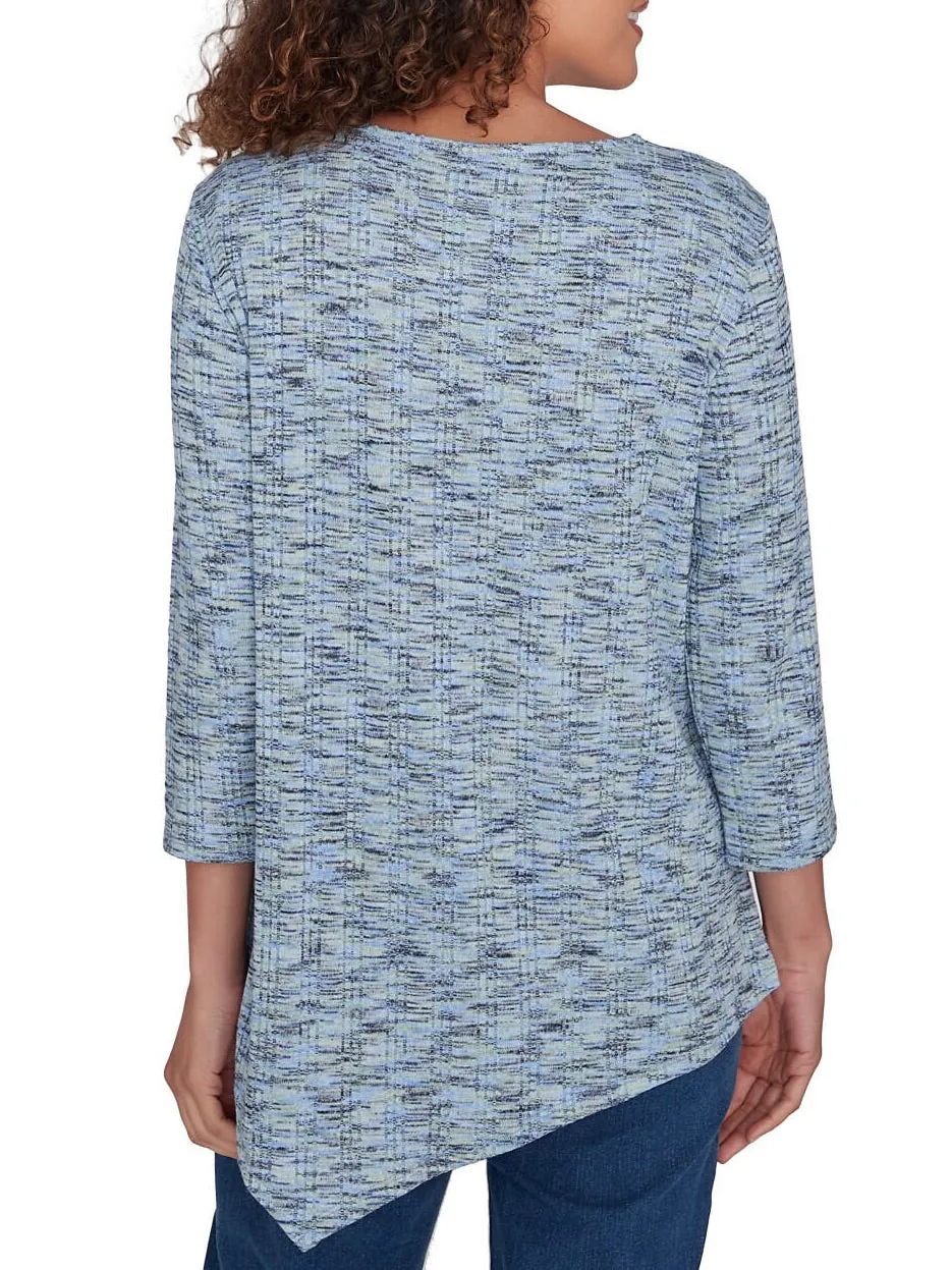 Notch Neck Asymmetrical Hem Yarn Dye Top - Blue Multi