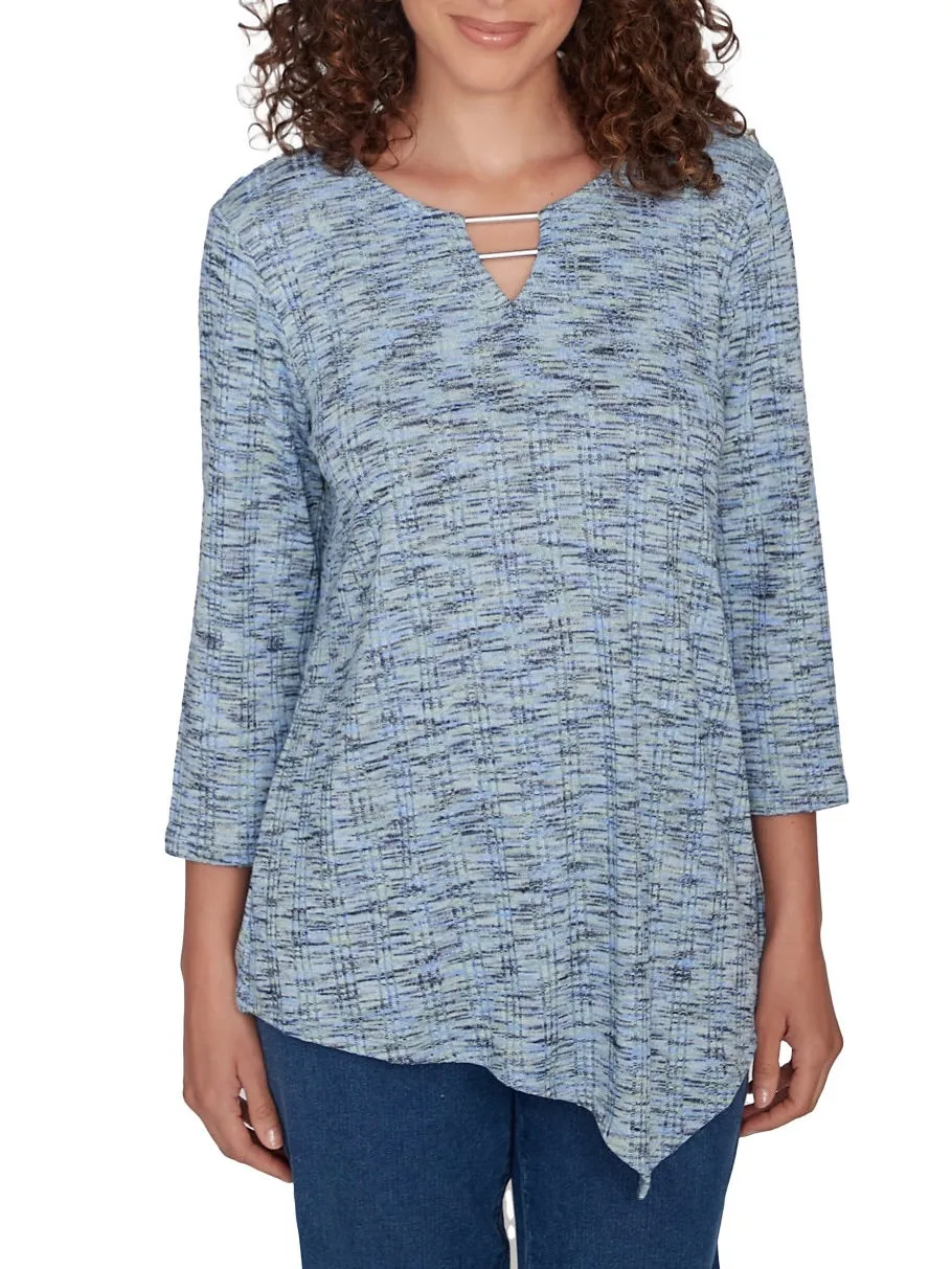 Notch Neck Asymmetrical Hem Yarn Dye Top - Blue Multi