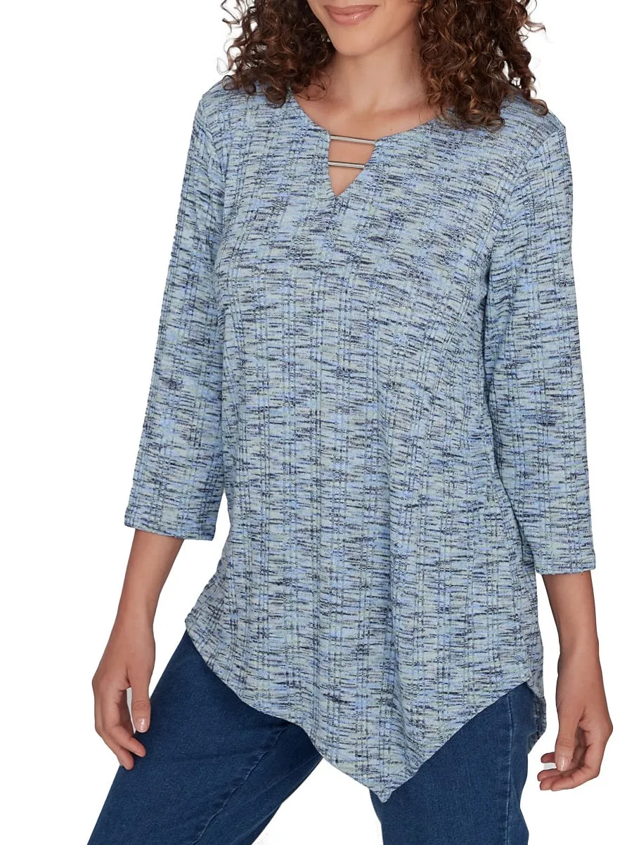 Notch Neck Asymmetrical Hem Yarn Dye Top - Blue Multi