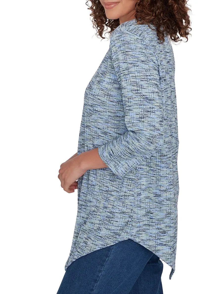 Notch Neck Asymmetrical Hem Yarn Dye Top - Blue Multi