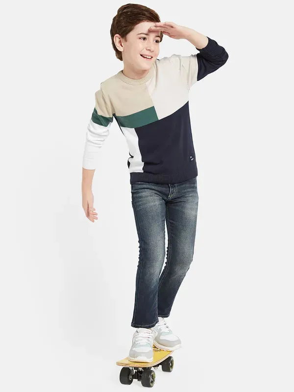 Octave Boys Cream-Coloured White Colourblocked Pullover