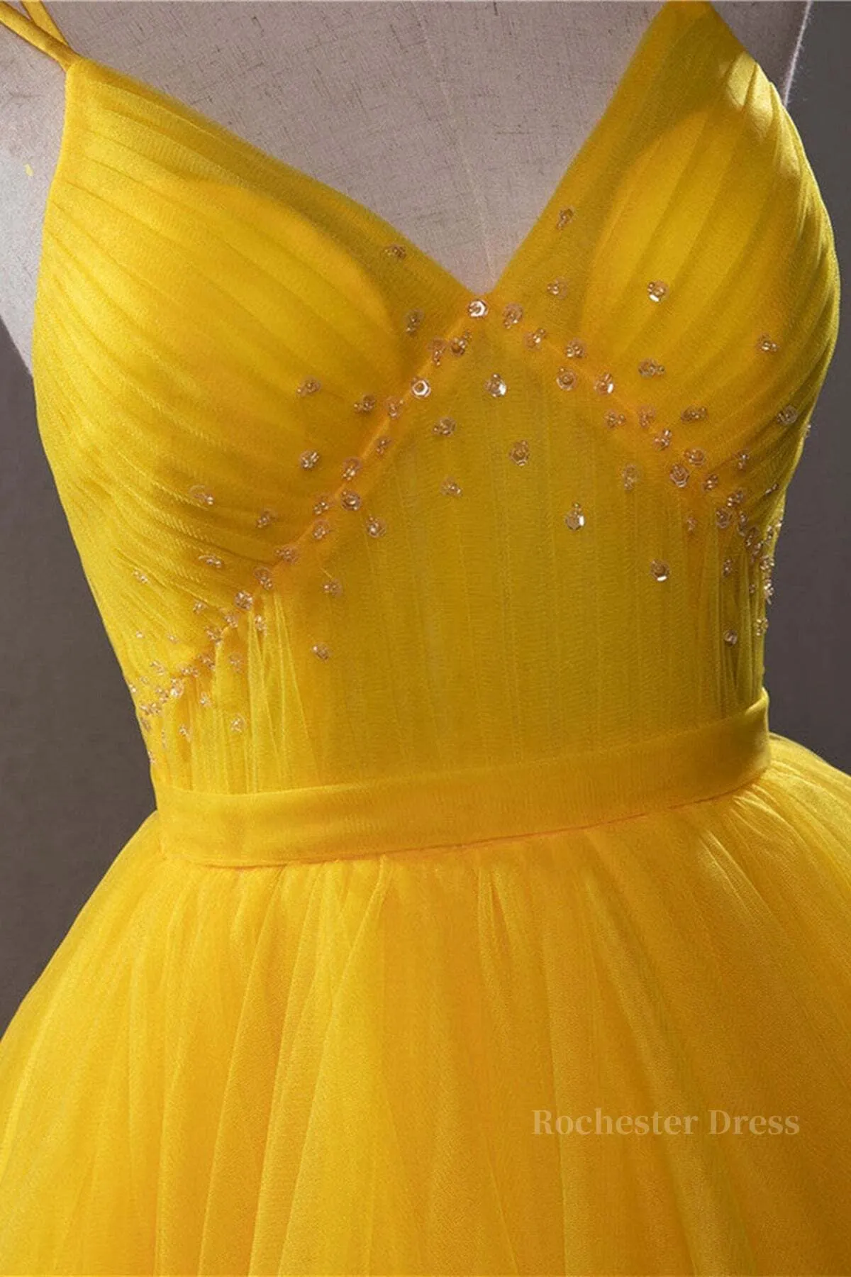 Open Back V Neck High Low Yellow Tulle Long Prom Dress, High Low Yellow Formal Evening Dress