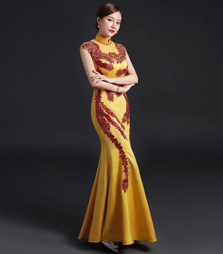 Phoenix Tail Embroidery & Sequins Mermaid Chinese Evening Dress