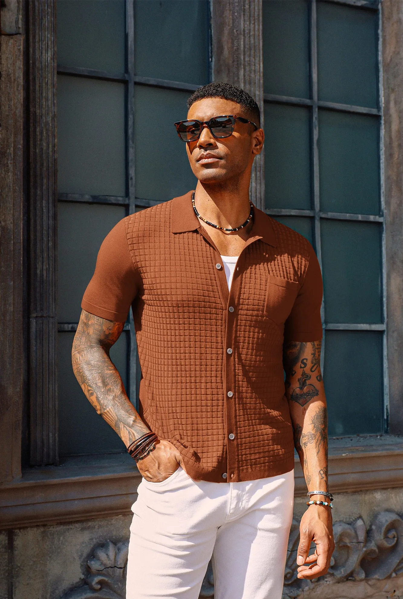 PJ Men Textured Cardigan Short Sleeve Lapel Collar Button-up Sweater Knitwear