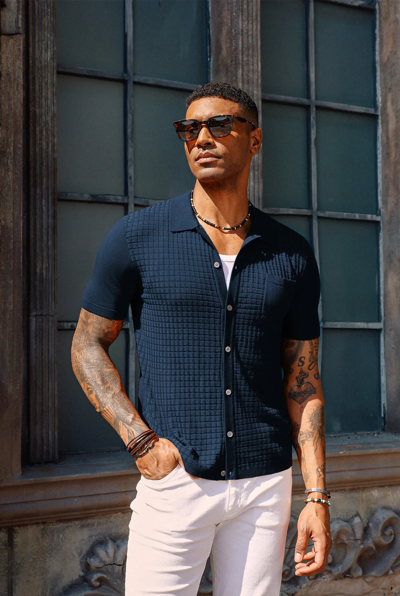 PJ Men Textured Cardigan Short Sleeve Lapel Collar Button-up Sweater Knitwear