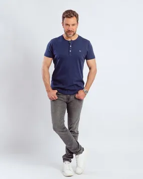 Plain Short-sleeve O-neck Body with a buttons-Navy