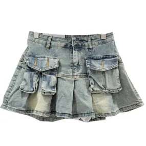 Pleated Denim Pocket Skirt