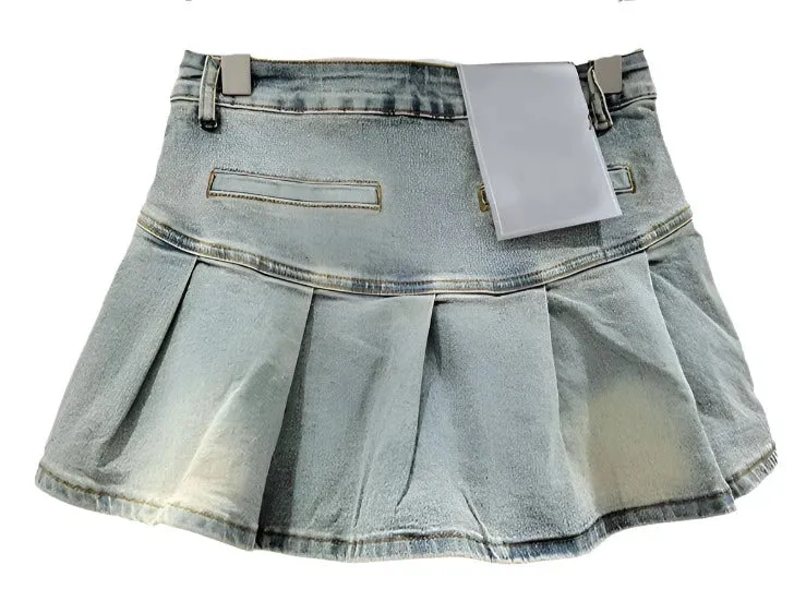 Pleated Denim Pocket Skirt