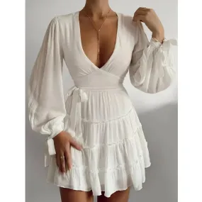 Pleated Tie Waist Plunge Dress in White