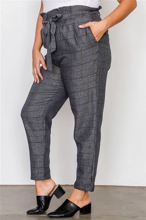 Plus Size Grey Plaid Print Frill Waist Belted Pants /1-2