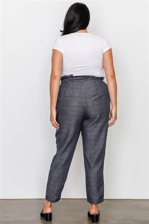 Plus Size Grey Plaid Print Frill Waist Belted Pants /1-2