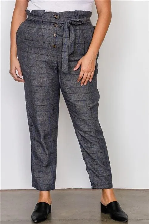 Plus Size Grey Plaid Print Frill Waist Belted Pants /1-2