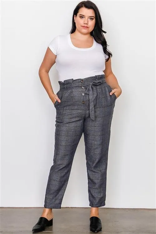 Plus Size Grey Plaid Print Frill Waist Belted Pants /1-2