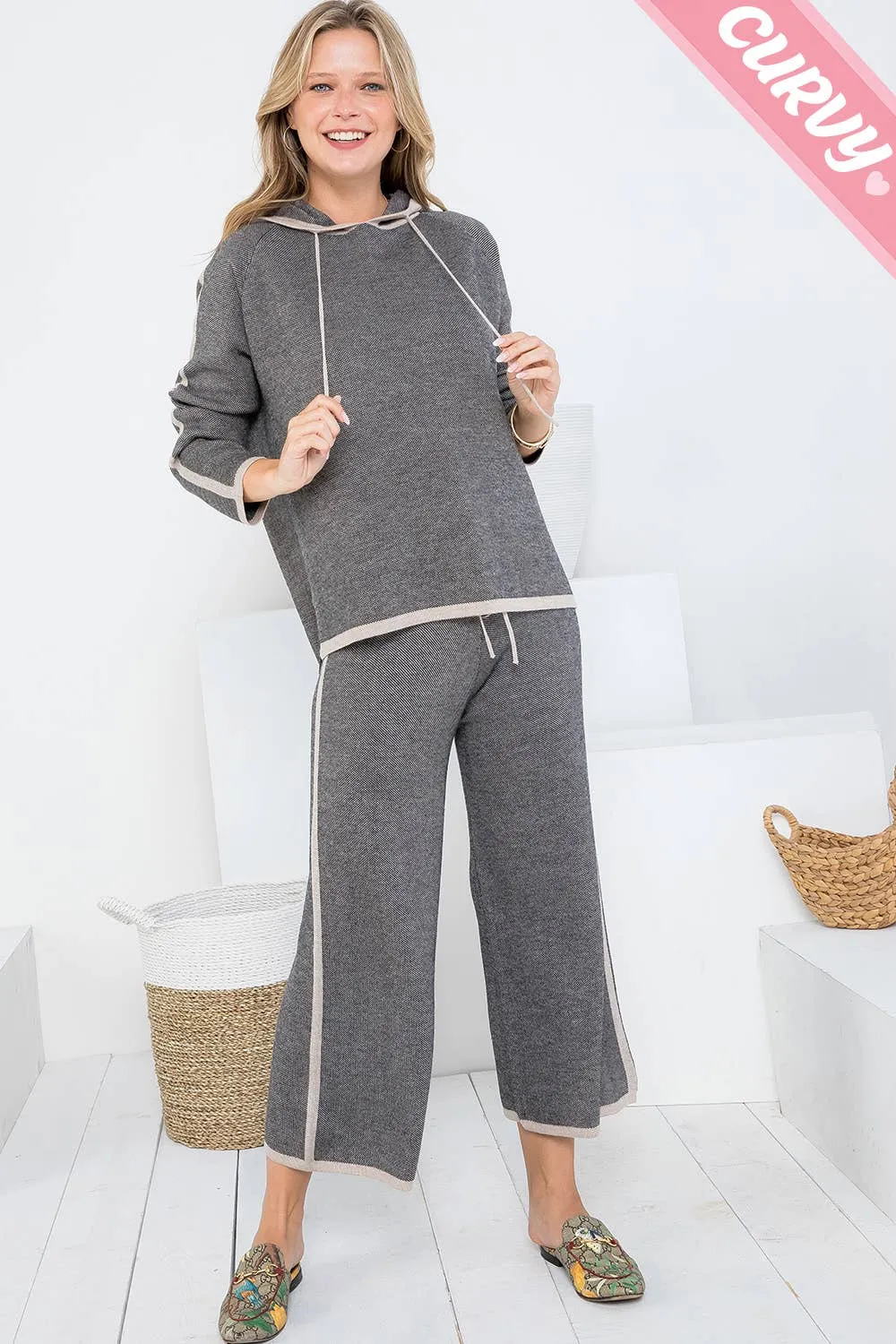 PLUS SIZE KNIT PULLOVER PANTS: TAUPE/BLACK / Plus Size / 2XL