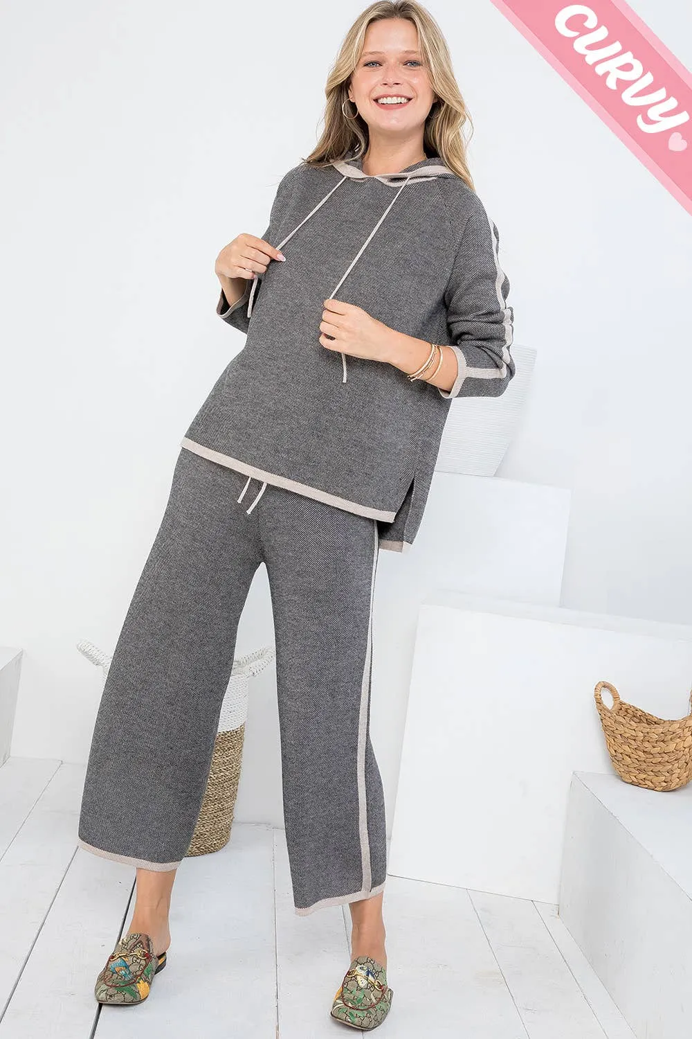 PLUS SIZE KNIT PULLOVER PANTS: TAUPE/BLACK / Plus Size / 2XL