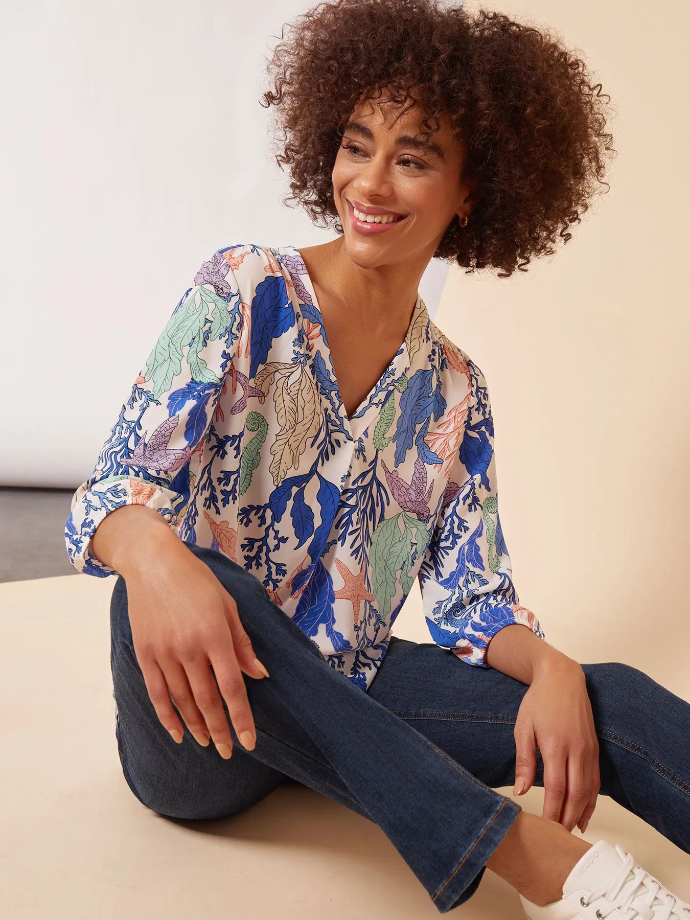 Plus Size Printed V-Neck Pleated Kelly Blouse