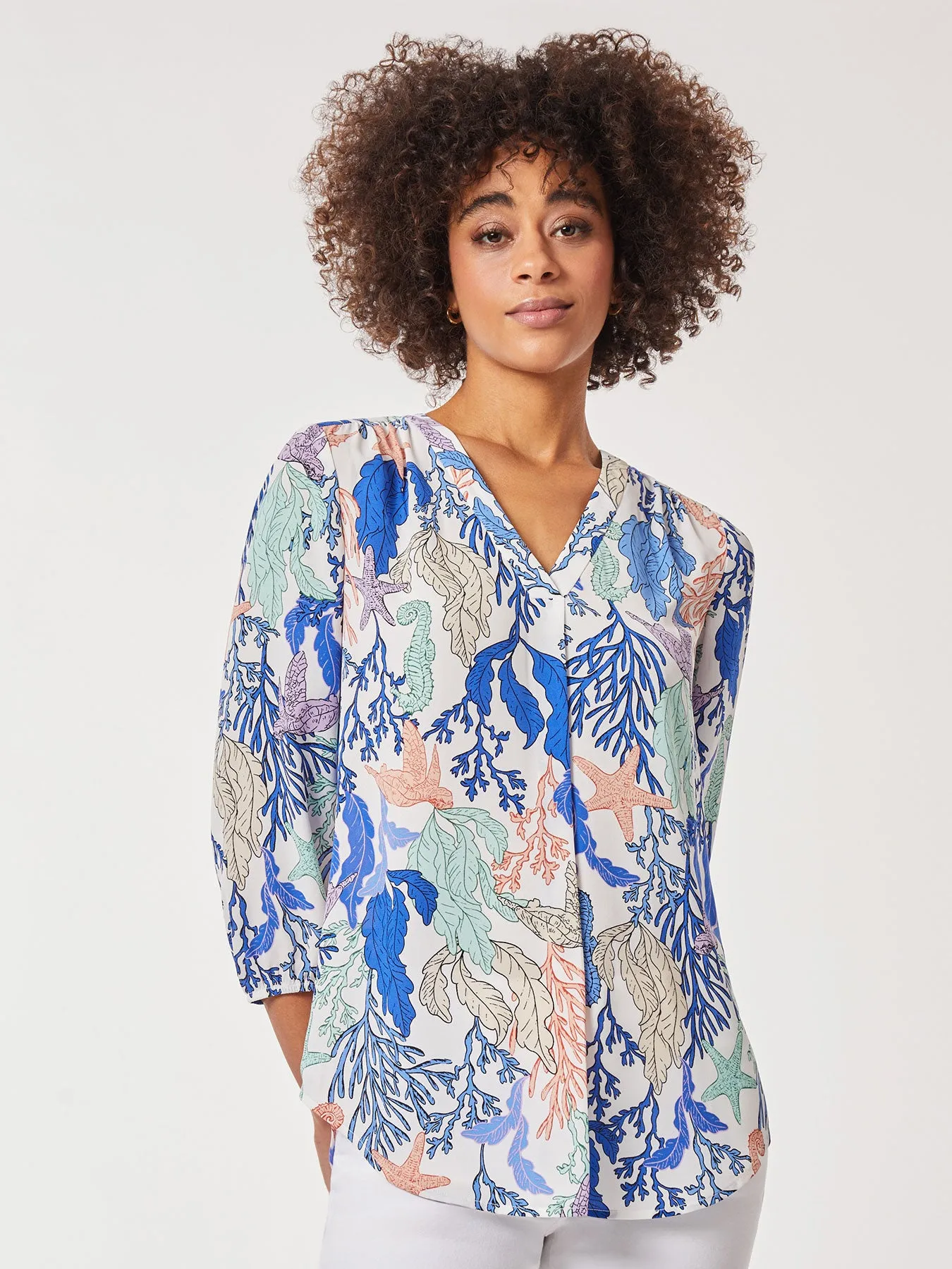 Plus Size Printed V-Neck Pleated Kelly Blouse