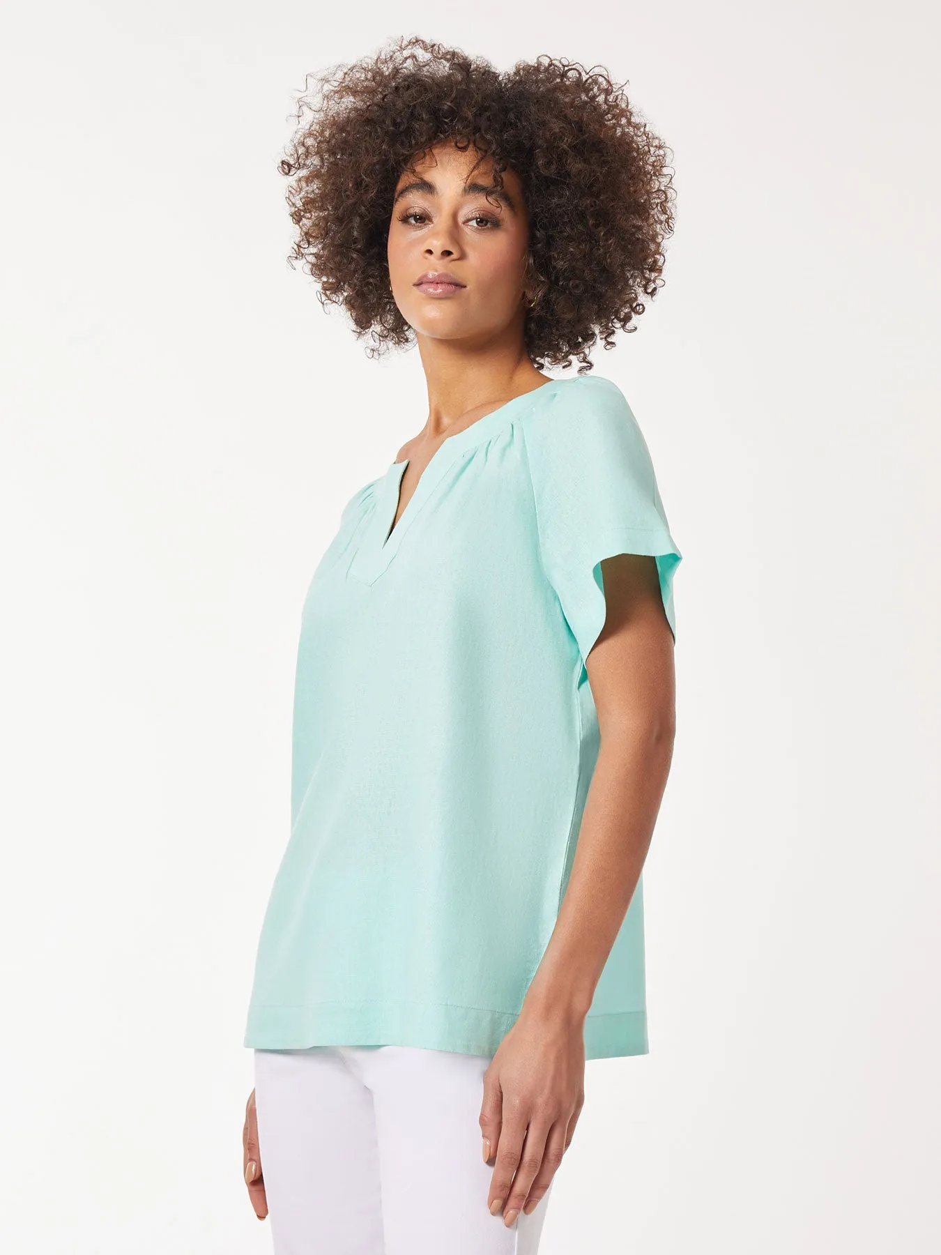 Plus Size Solid Linen Blend Popover Blouse