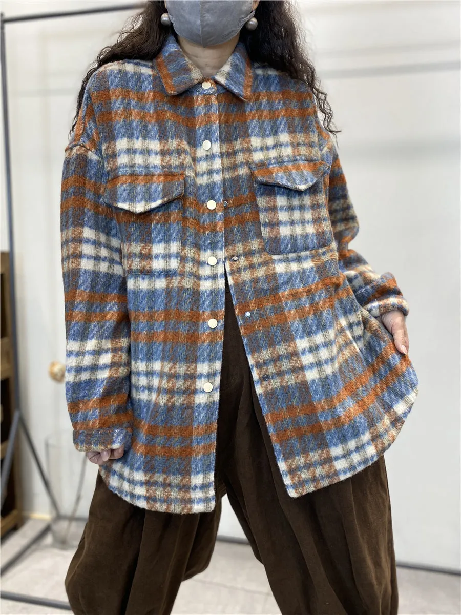 Plus Size Women Vintage Plaid Winter Shirt Jacket