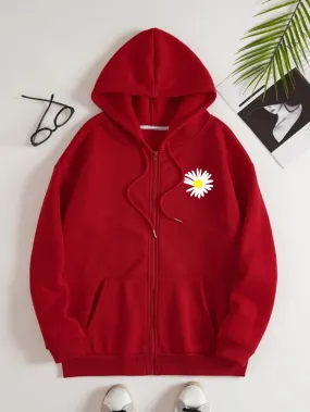 POCKET SUNFLOWER RED ZIPPER HOODIE