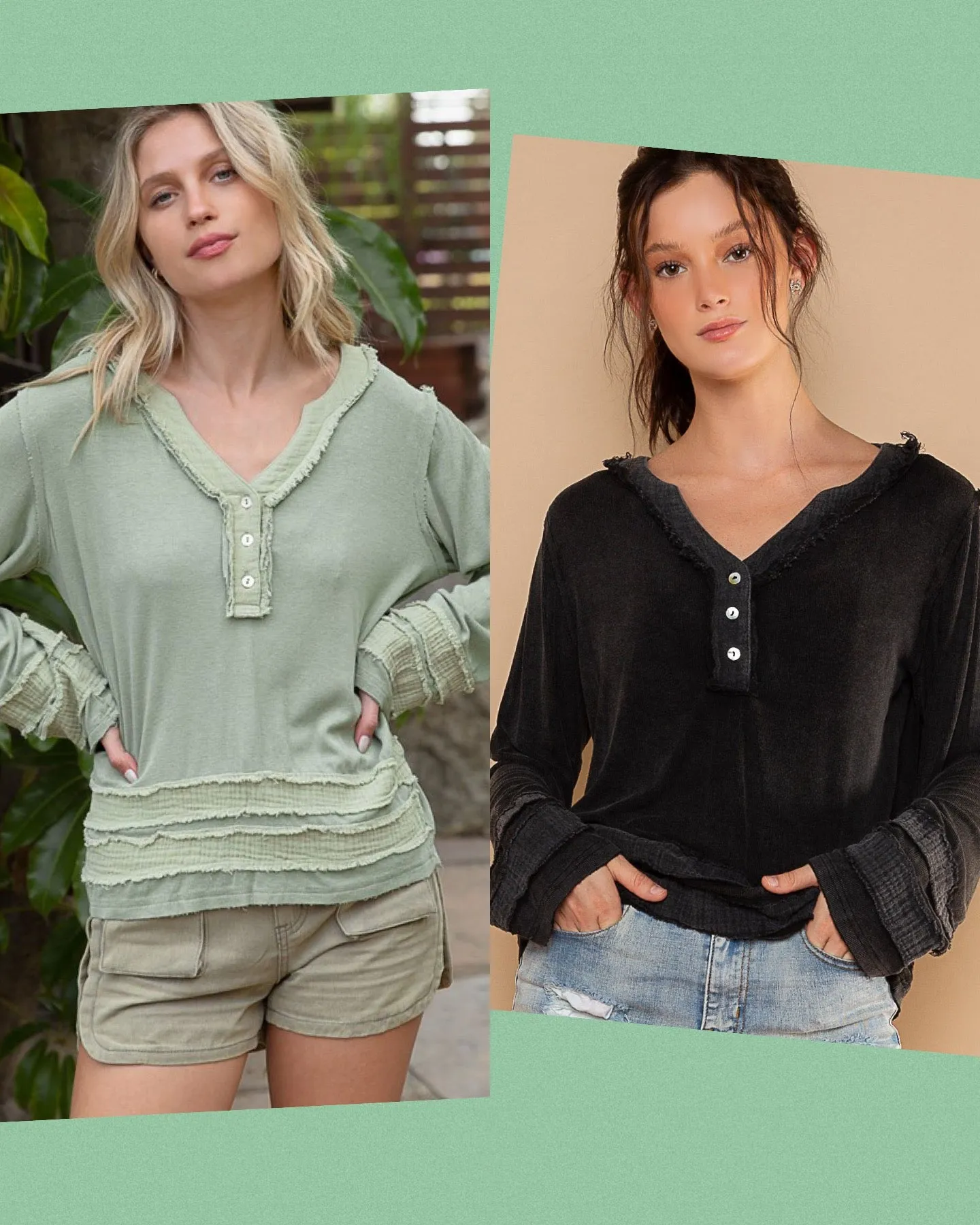 POL Long sleeve contrast gauze strap detail top - Black or Sage