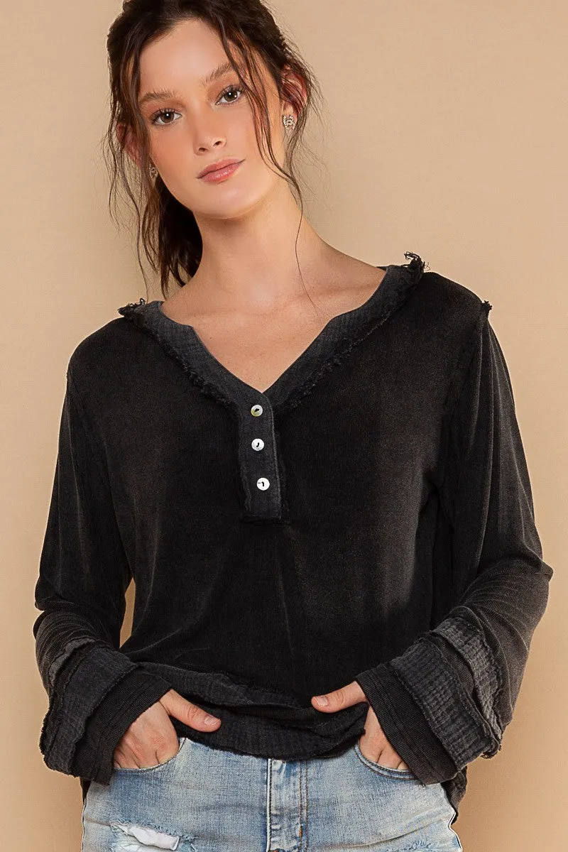 POL Long sleeve contrast gauze strap detail top - Black or Sage