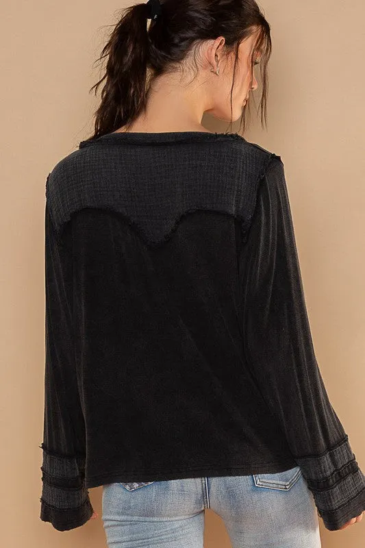 POL Long sleeve contrast gauze strap detail top - Black or Sage