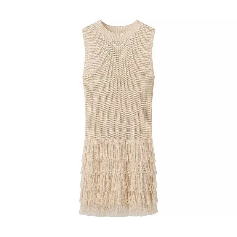 Pre Order:  Knitted Sleeveless Round Neck Hollow Out Tassel Dress