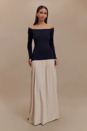 Presley Contrast Knit Off Shoulder Maxi Dress - Navy And Cream