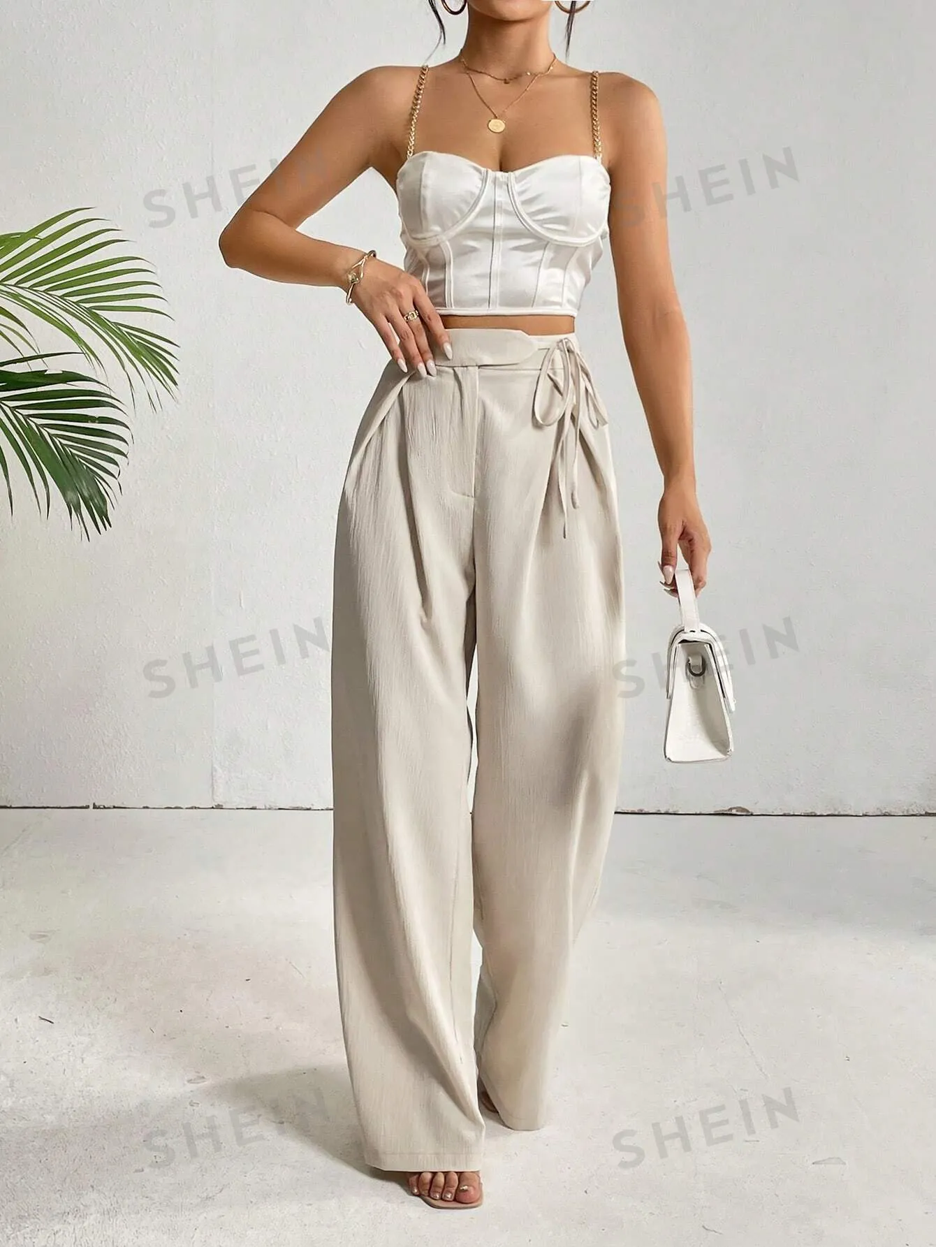 Privé High Waist Plicated Detail Knot Side Wide Leg Pants