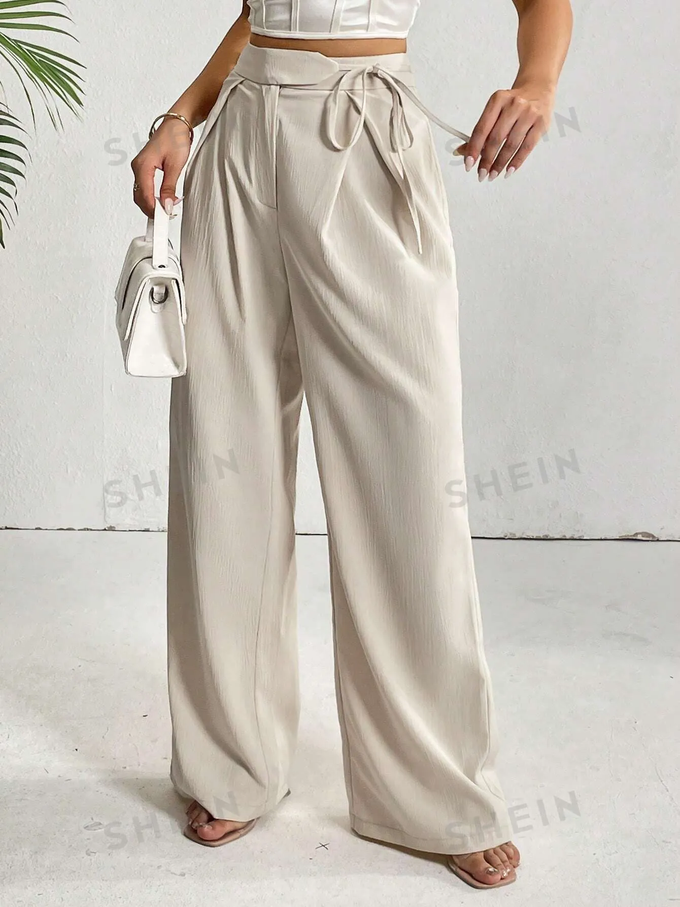 Privé High Waist Plicated Detail Knot Side Wide Leg Pants