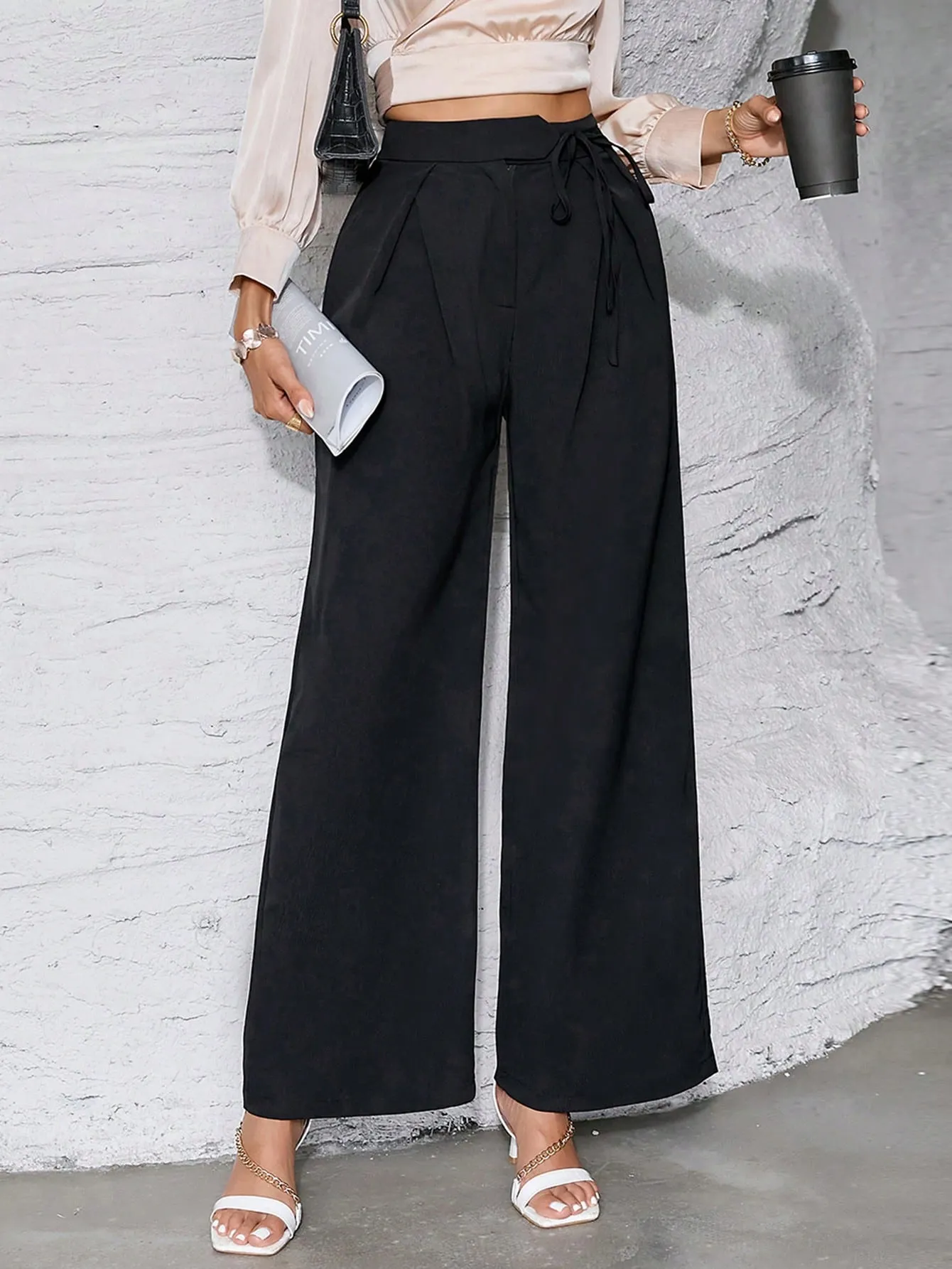 Privé High Waist Plicated Detail Knot Side Wide Leg Pants