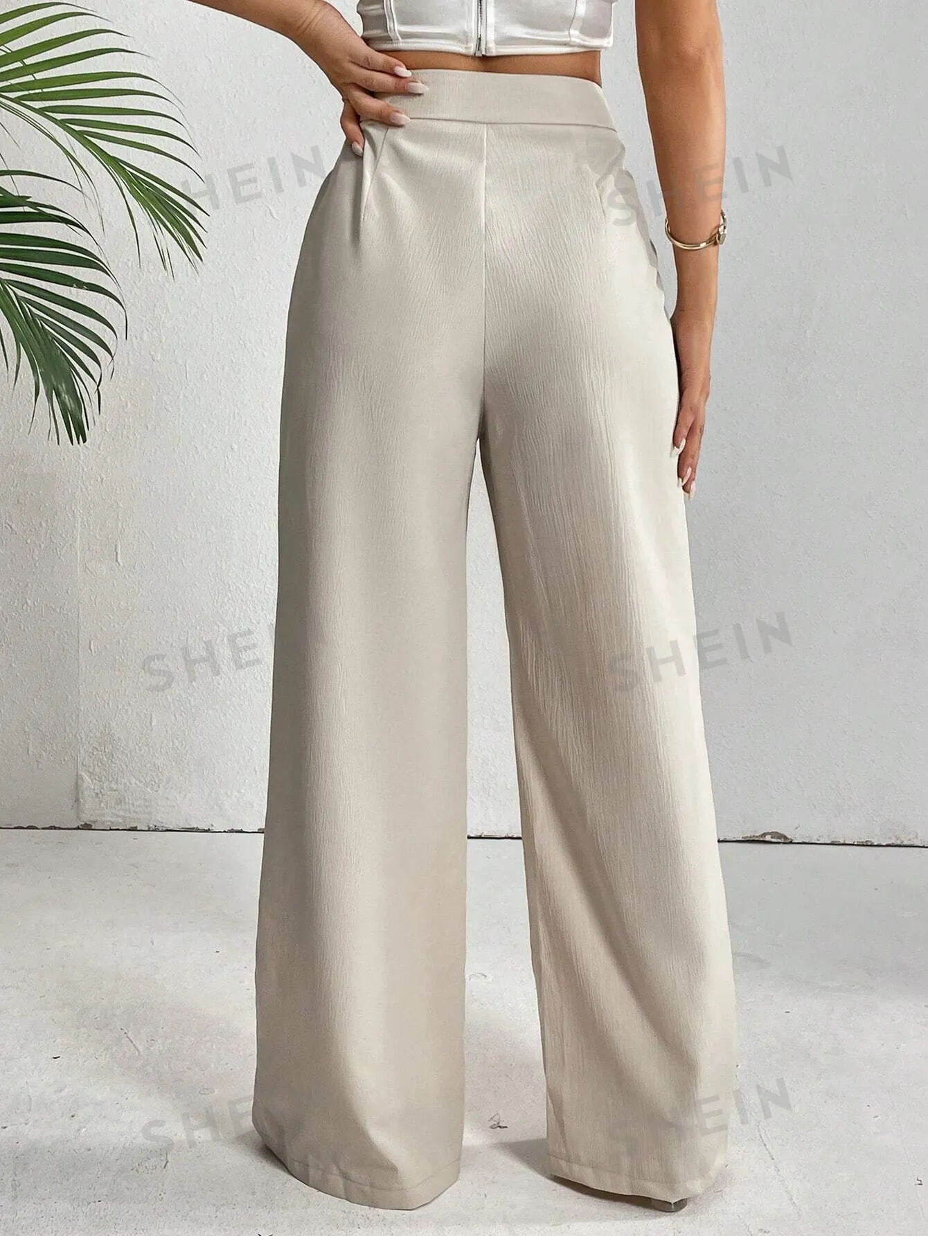 Privé High Waist Plicated Detail Knot Side Wide Leg Pants