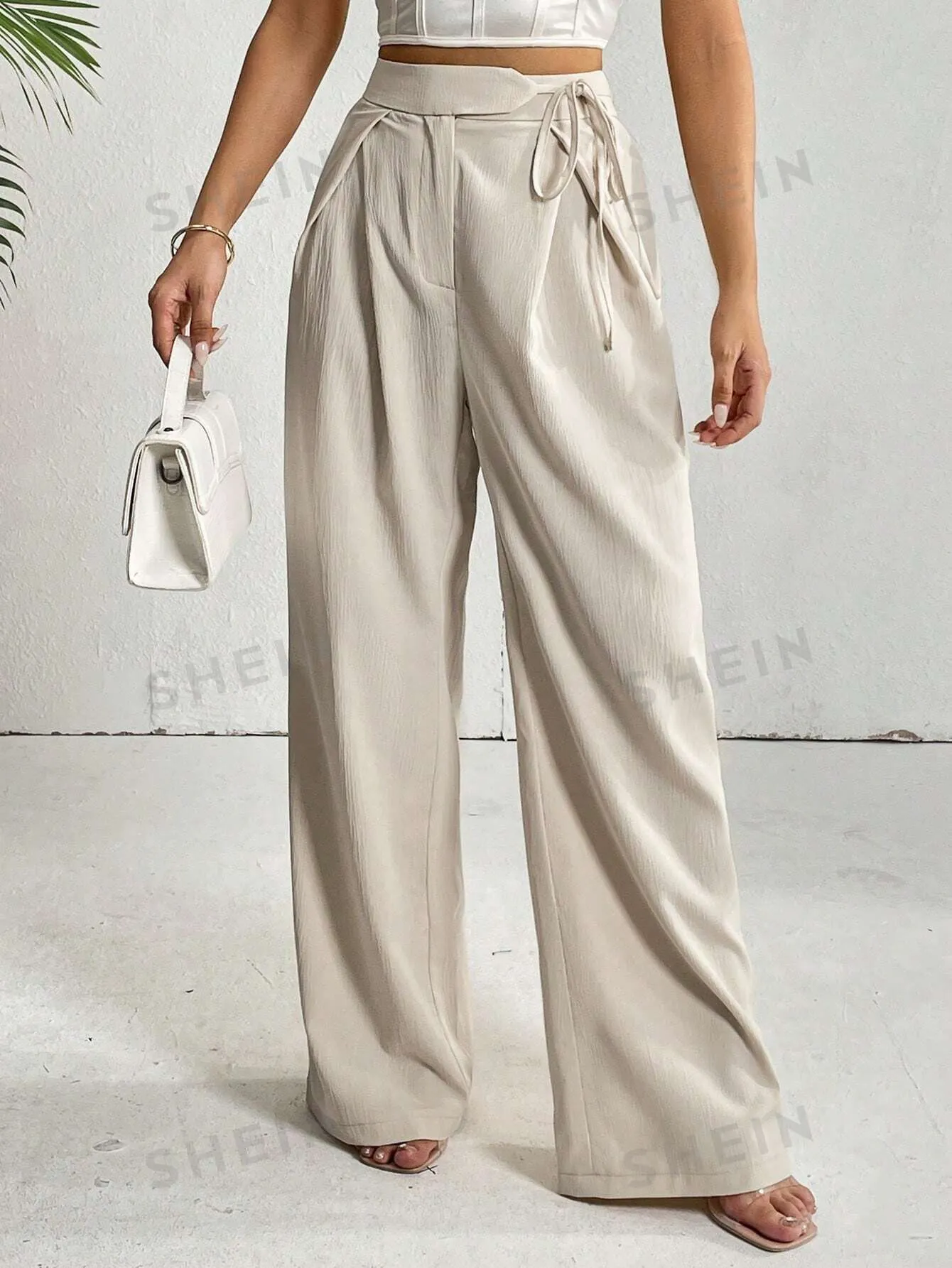 Privé High Waist Plicated Detail Knot Side Wide Leg Pants