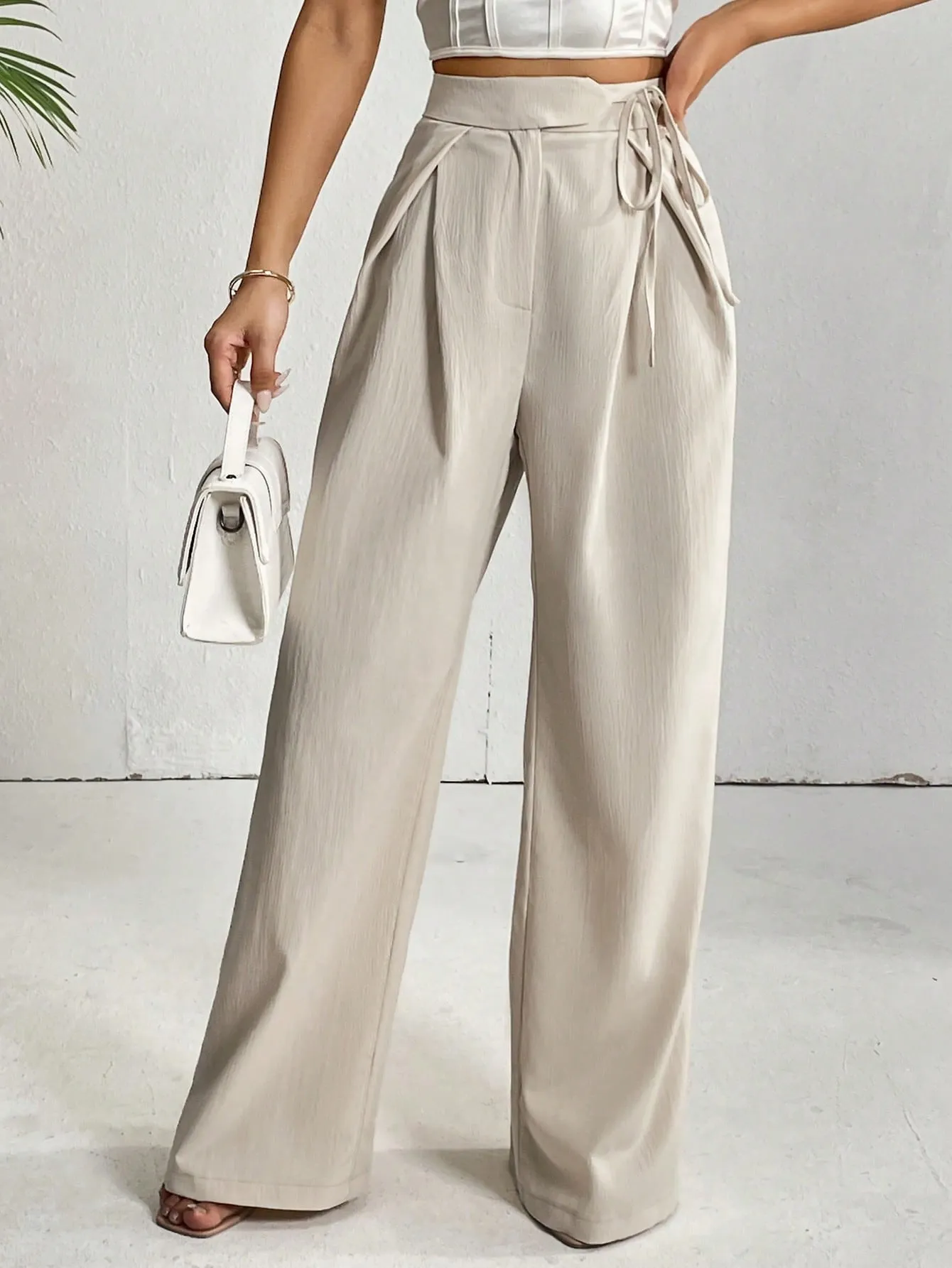 Privé High Waist Plicated Detail Knot Side Wide Leg Pants