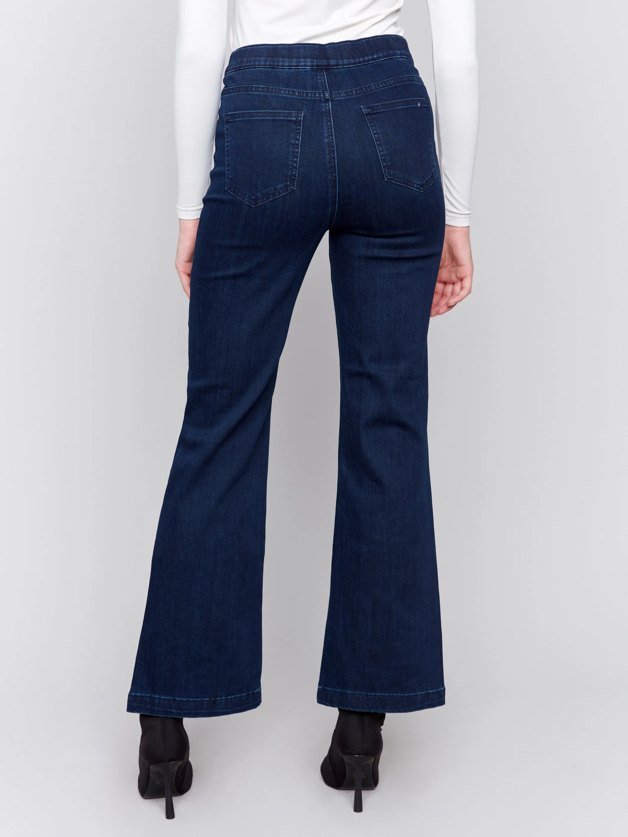 Pull-On Flare Jeans with Front Buttons - Blue Black