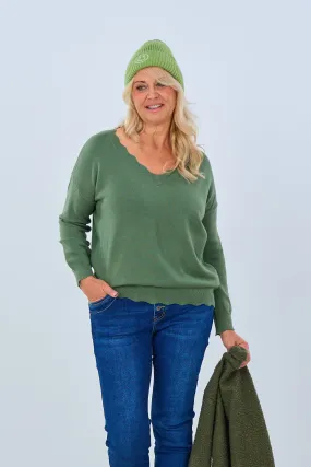 Pulli mit gezacktem V-Ausschnitt, khaki