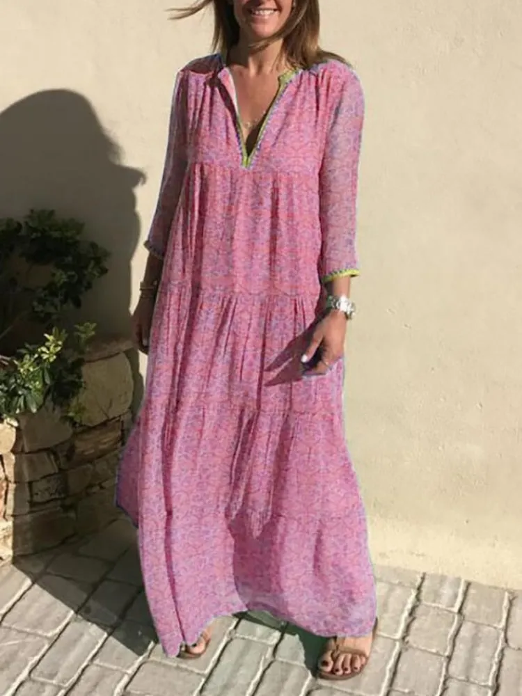 Purpdrank - Fashion V Neck Boho Long Dress Women Vintage Printed Loose Party Dresses Summer Casual Long Sleeve Beach Dress Vestidos